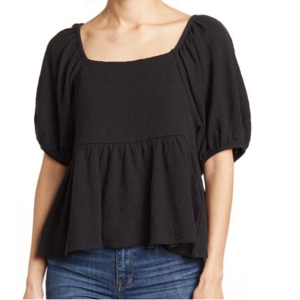 Madewell Black Square-Neck Peplum Puff-Sleeve Top